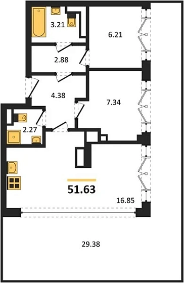 Квартира 2-комн. 51.63 кв. м