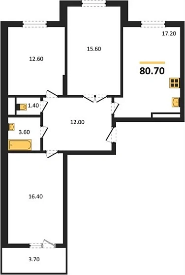 Квартира 3-комн. 80.7 кв. м
