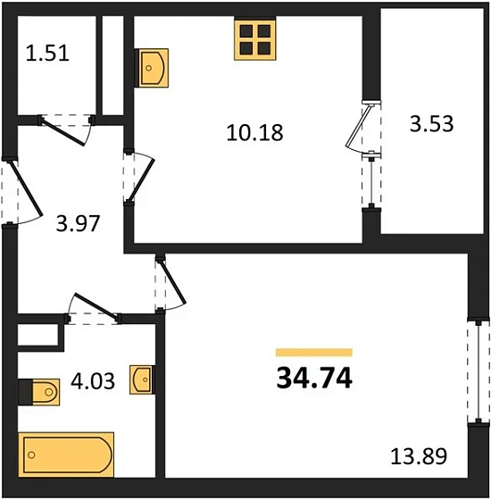 Квартира 1-комн. 34.74 кв. м