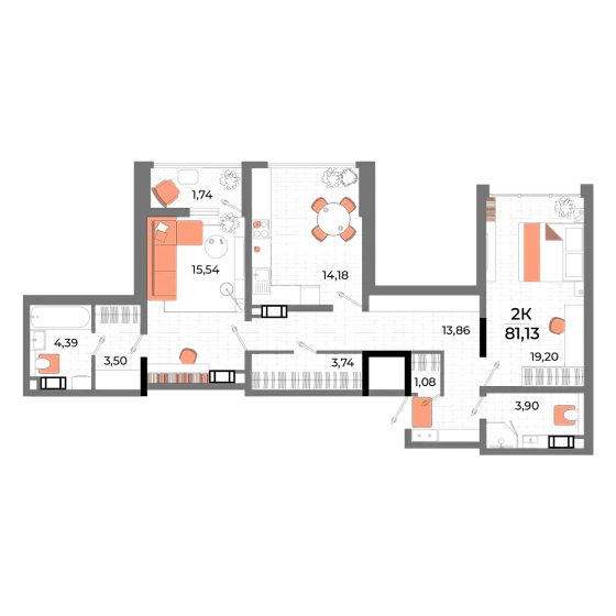 Квартира 2-комн. 80.2 кв. м