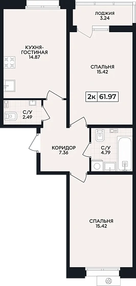 Квартира 2-комн. 61.97 кв. м
