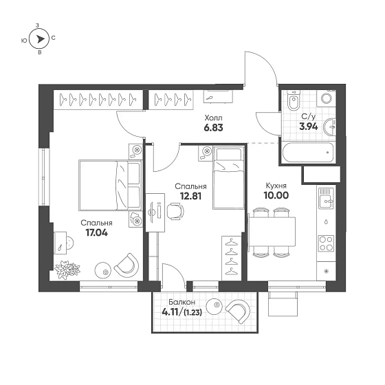 Квартира 2-комн. 51.85 кв. м
