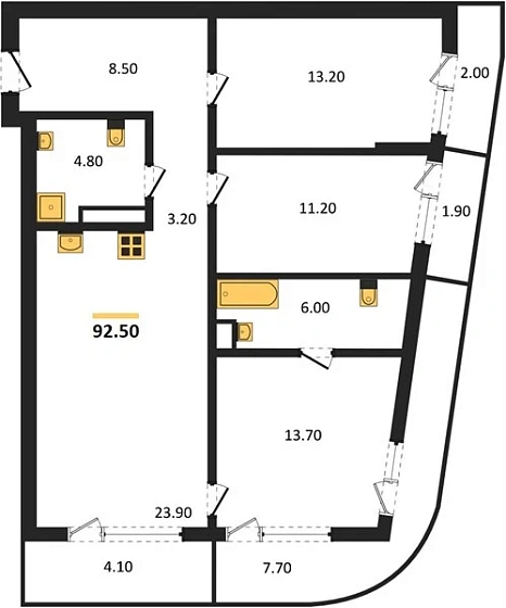Квартира 3-комн. 92.5 кв. м