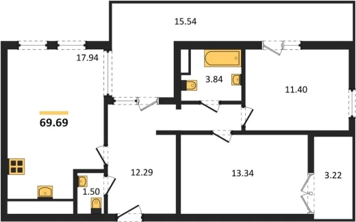 Квартира 2-комн. 69.69 кв. м
