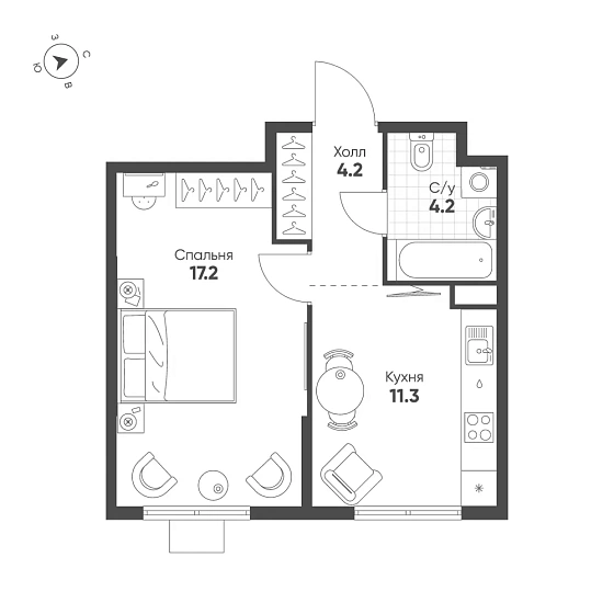 Квартира 1-комн. 36.9 кв. м