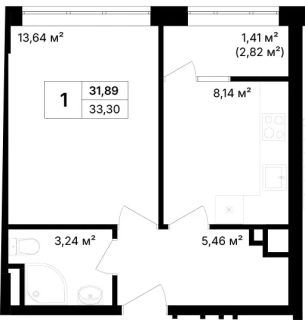 Квартира 1-комн. 33.3 кв. м