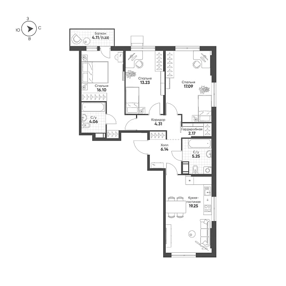 Квартира 3-комн. 88.76 кв. м