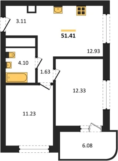 Квартира 2-комн. 51.41 кв. м