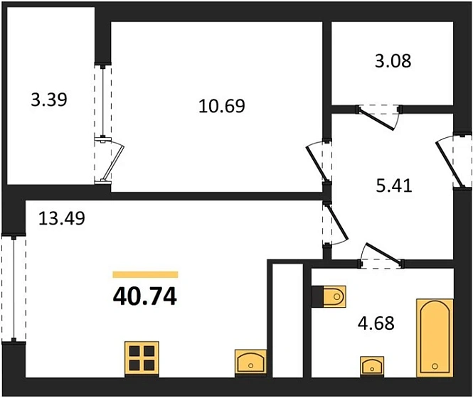 Квартира 1-комн. 40.74 кв. м