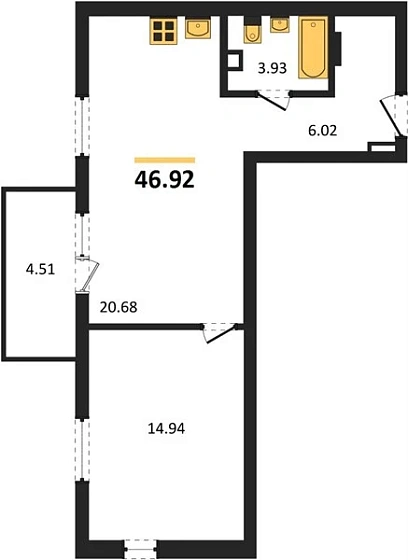 Квартира 1-комн. 46.77 кв. м