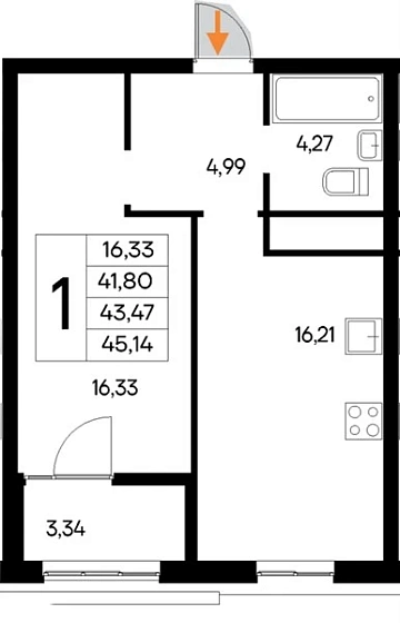 Квартира 1-комн. 45.14 кв. м