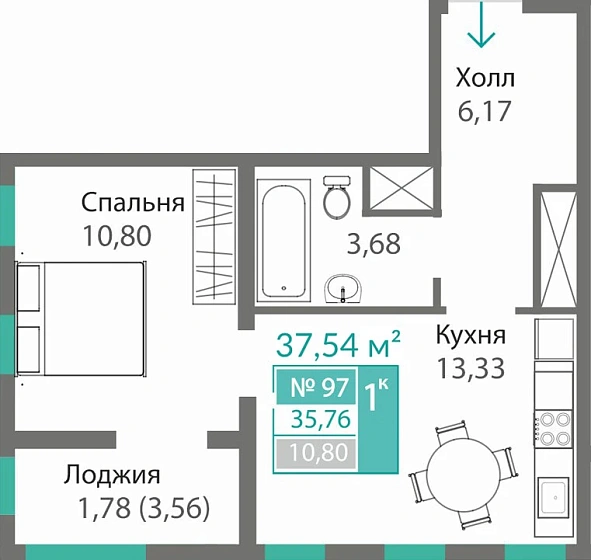 Квартира 1-комн. 35.76 кв.м