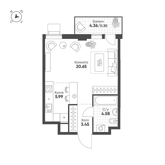 Квартира 1-комн. 35.98 кв. м