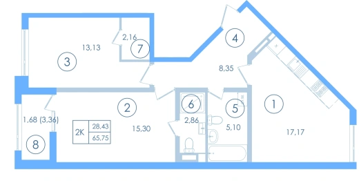 Квартира 2-комн. 63.3 кв. м