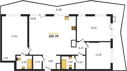 Квартира 3-комн. 102.7 кв. м