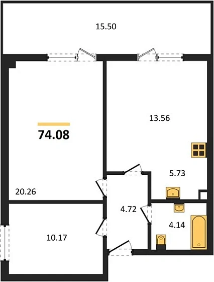 Квартира 2-комн. 74.08 кв. м