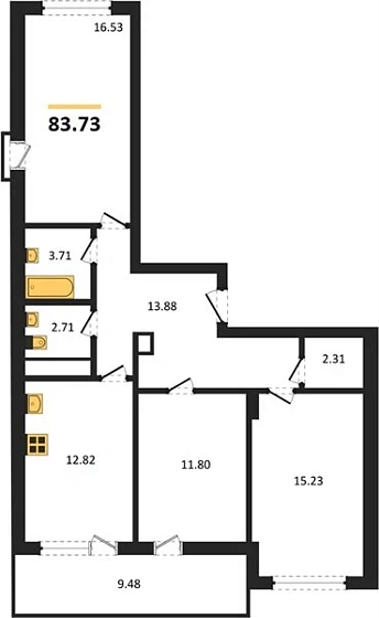 Квартира 3-комн. 83.73 кв. м