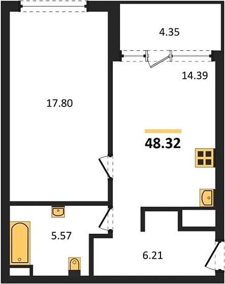 Квартира 1-комн. 48.32 кв. м