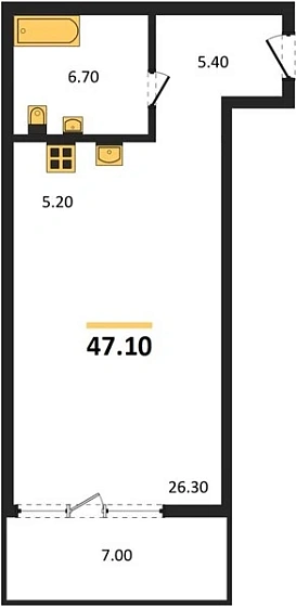 Квартира 1-комн. 47.4 кв. м
