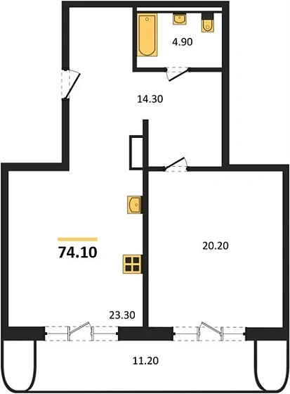 Квартира 1-комн. 74.1 кв. м