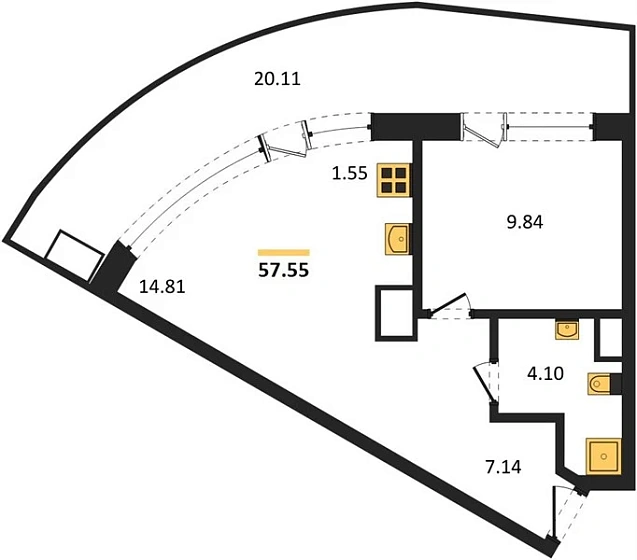 Апартаменты 1-комн. 57.55 кв. м