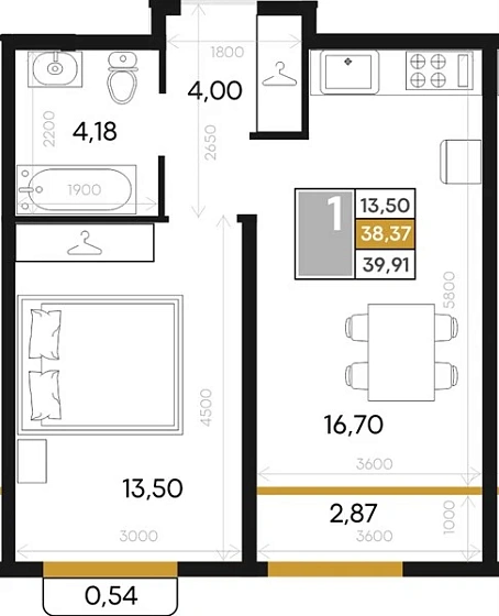 Квартира 1-комн. 39.91 кв. м
