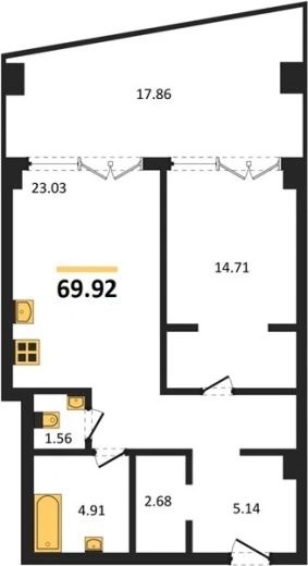 Апартаменты 1-комн. 69.82 кв. м
