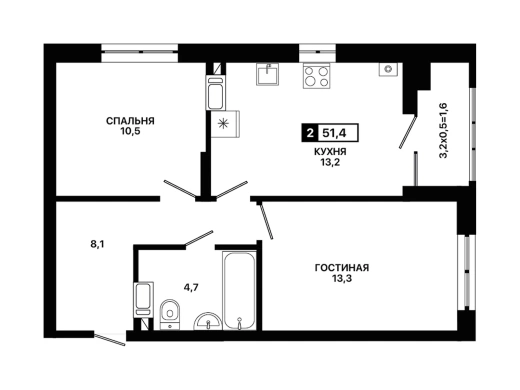 Квартира 2-комн. 51.4 кв. м