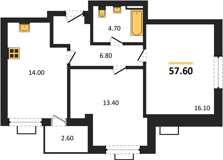 Квартира 2-комн. 57.6 кв. м