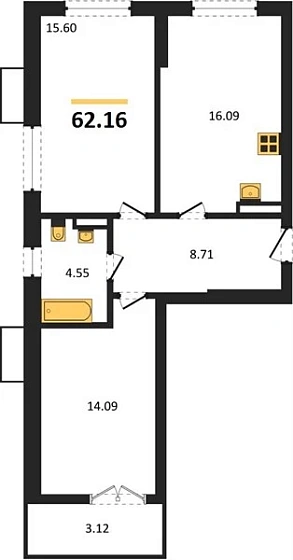 Квартира 2-комн. 62.16 кв. м