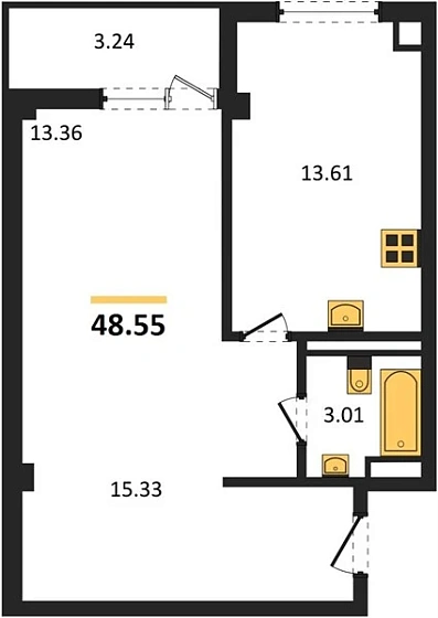 Квартира 1-комн. 48.55 кв. м