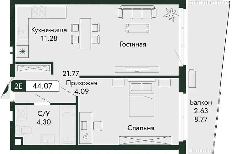 Квартира 1-комн. 44.07 кв. м