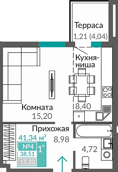 Квартира 1-комн. 38.51 кв.м
