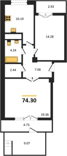 Квартира 2-комн. 74.3 кв. м