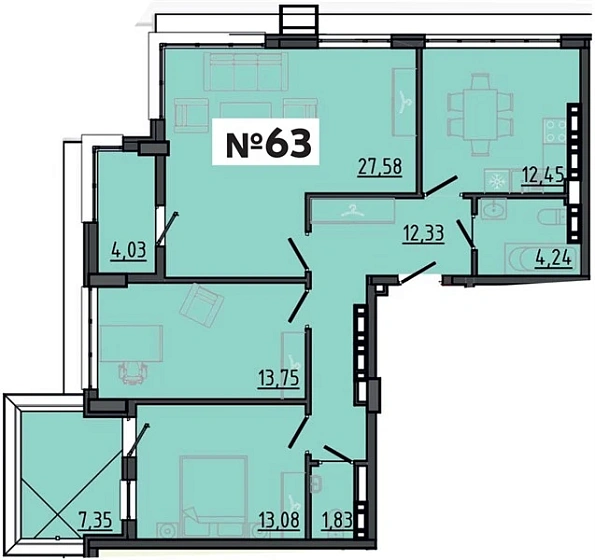 Квартира 3-комн. 89.48 кв. м