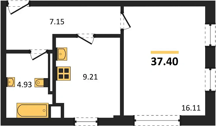 Квартира 1-комн. 37.4 кв. м