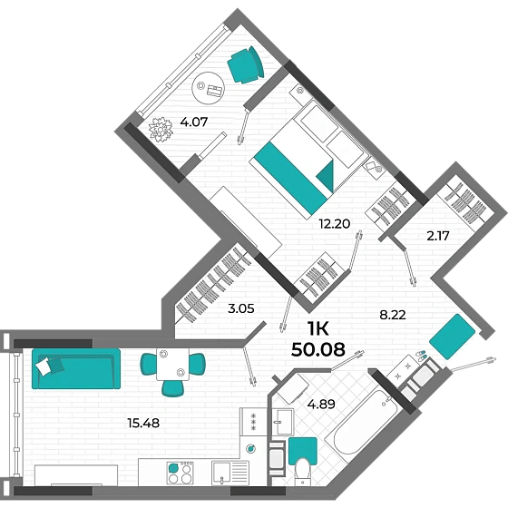 Квартира 1-комн. 50.08 кв. м