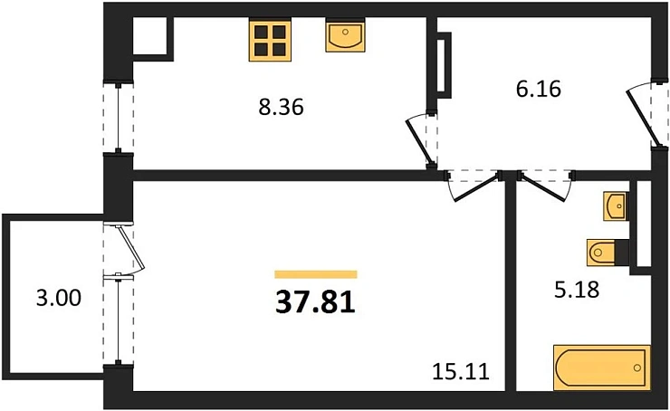 Квартира 1-комн. 37.81 кв. м