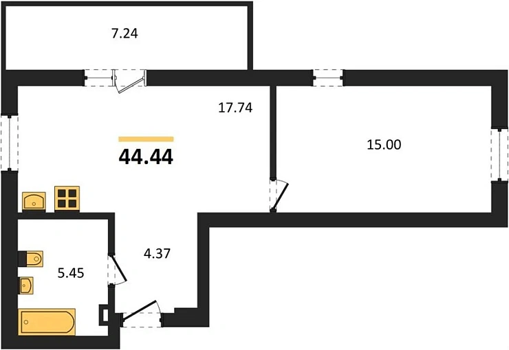 Квартира 1-комн. 44.44 кв. м