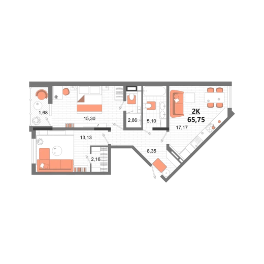 Квартира 2-комн. 65.75 кв. м