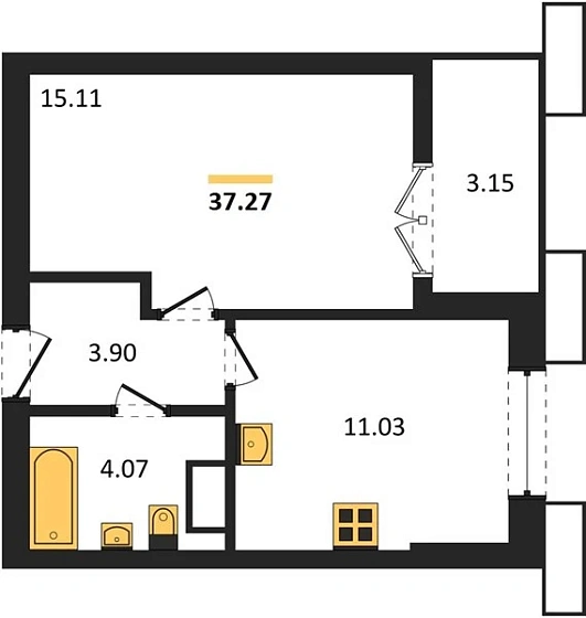 Квартира 1-комн. 37.27 кв. м