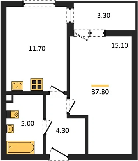 Квартира 1-комн. 37.8 кв. м