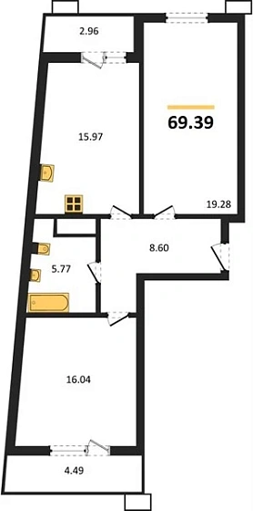 Квартира 2-комн. 69.39 кв. м