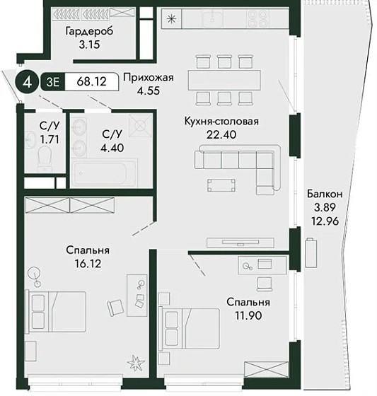 Квартира 2-комн. 68.12 кв. м