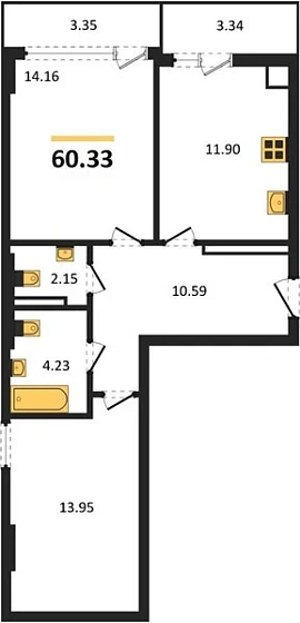 Квартира 2-комн. 60.33 кв. м