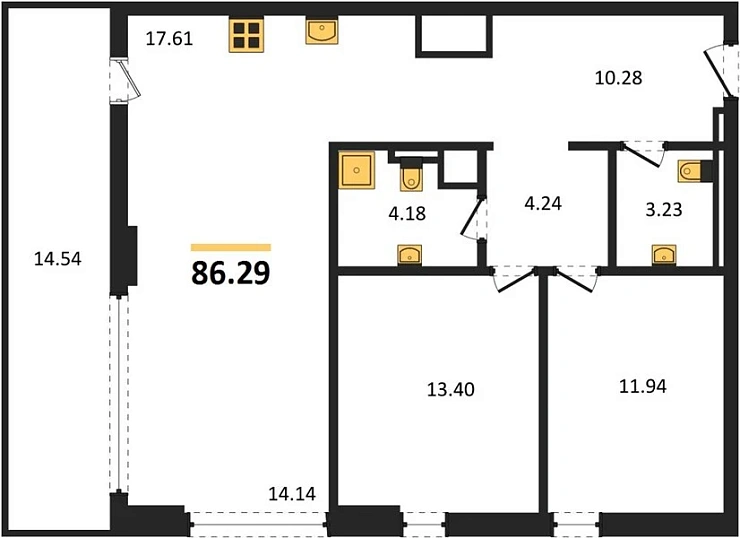 Квартира 3-комн. 86.29 кв. м