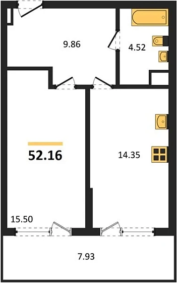 Апартаменты 1-комн. 52.16 кв. м