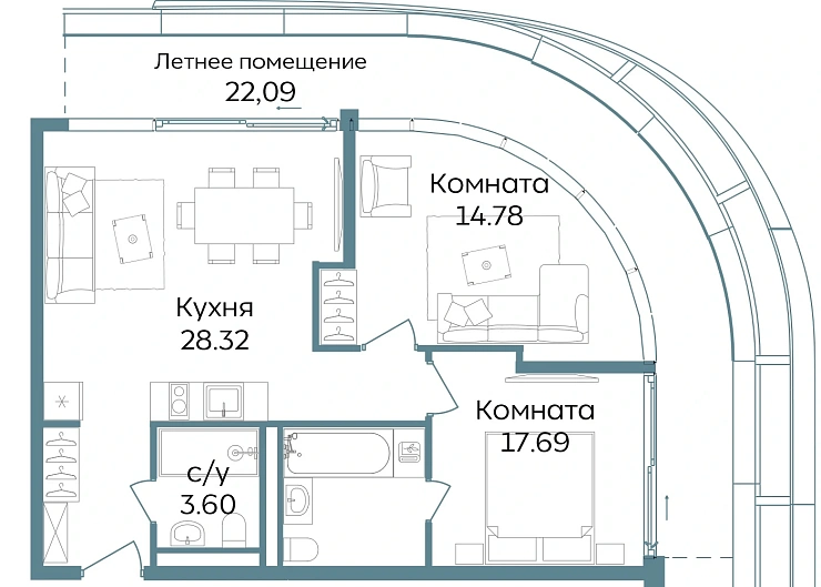 Апартаменты 3-комн. 86.48 кв. м