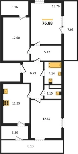 Квартира 3-комн. 76.88 кв. м