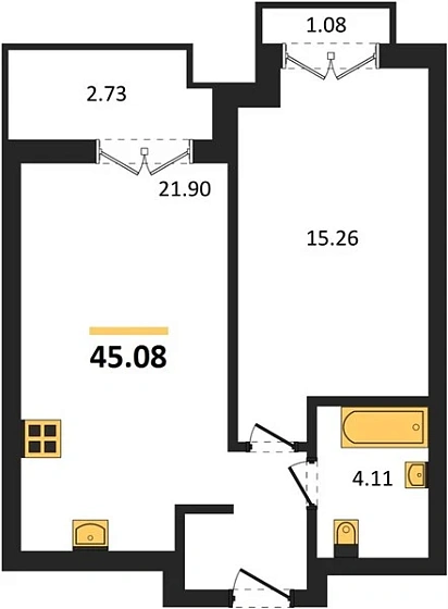 Квартира 1-комн. 45.08 кв. м